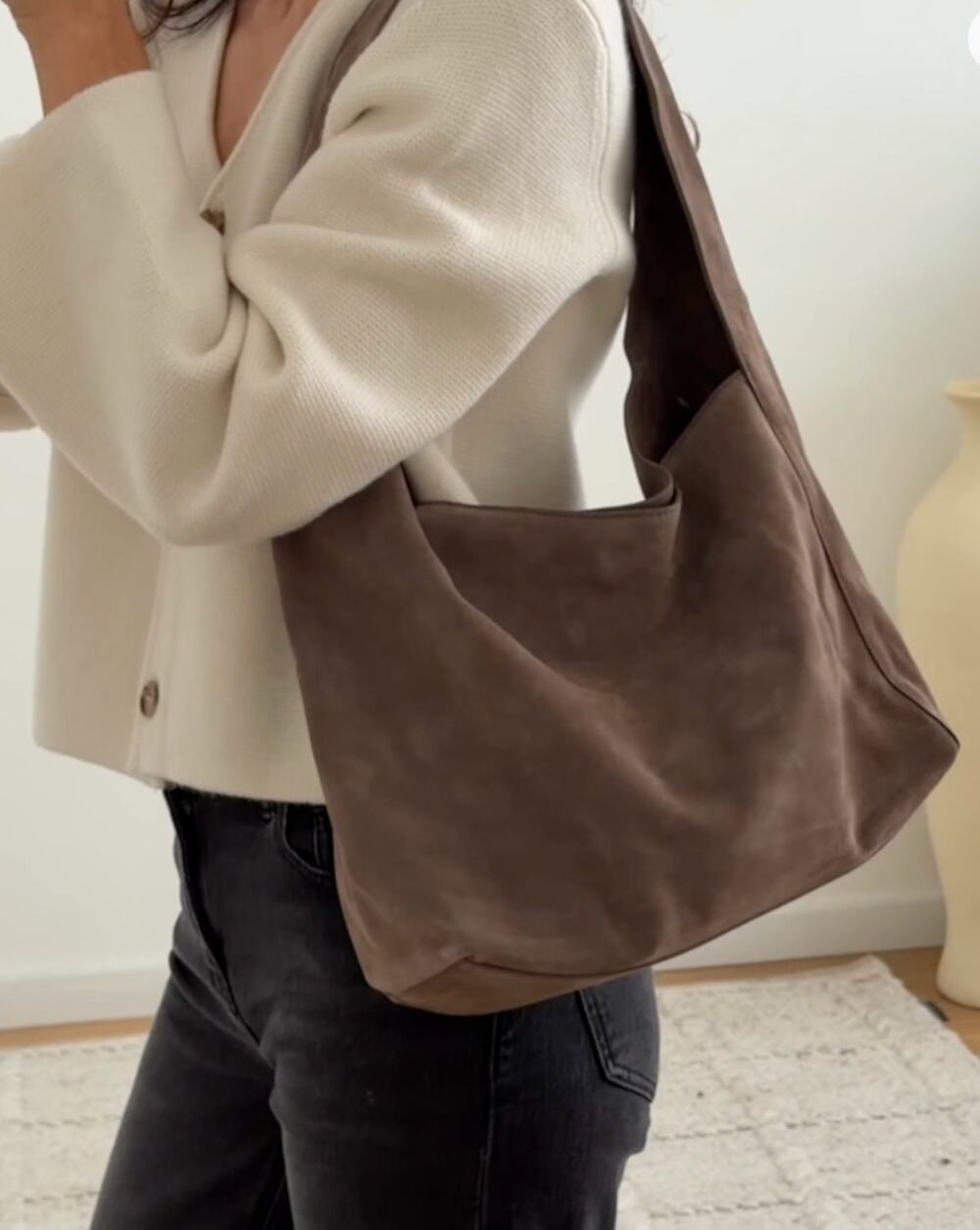 Quince NEW Italian Suede Slouchy Shoulder Bag, Color: Pebble